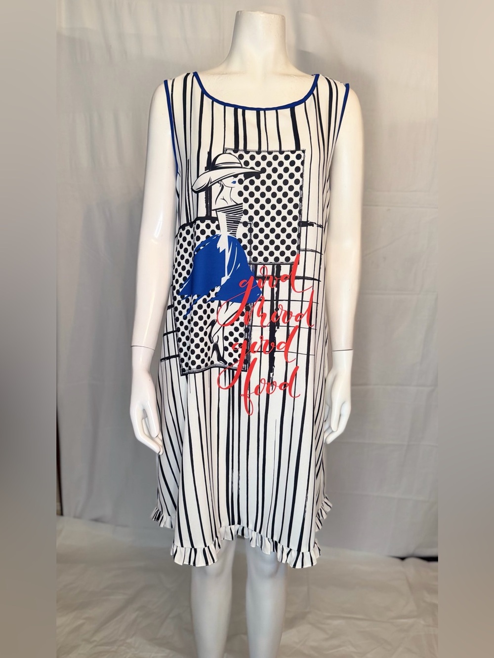 Striped White Midi Dress with Blue Graphic and Red Script